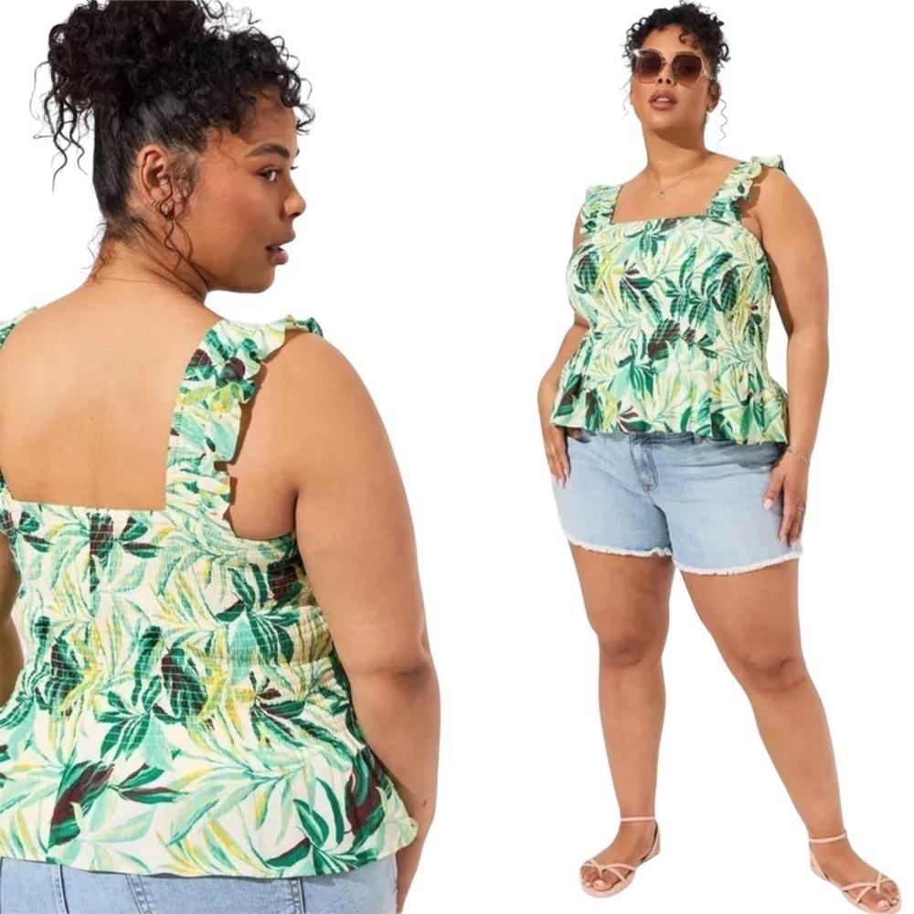 Torrid Peplum Washable Crinkle Gauze Smocked Tank Top Green Summer Plus Size 1X